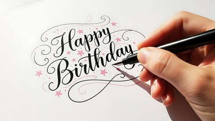 Hand writing happy birthday text with pink stars on white background