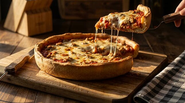 Deep dish pizza with gooey cheese pull on wooden board, italian food photography deep dish, slice, american.