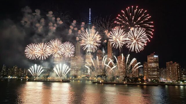 Spectacular Fourth of July Fireworks Display Over New York City Skyline at Night
