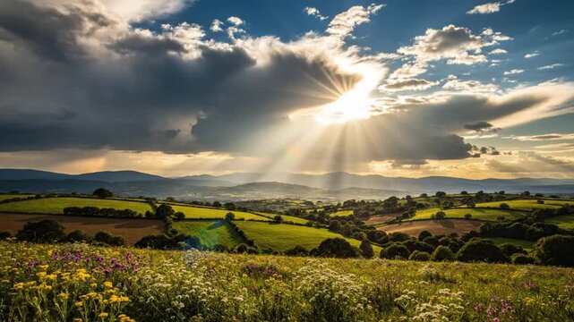 Dramatic clouds and sunbeams illuminate a vibrant green landscape with wildflowers and rolling hills at sunset.