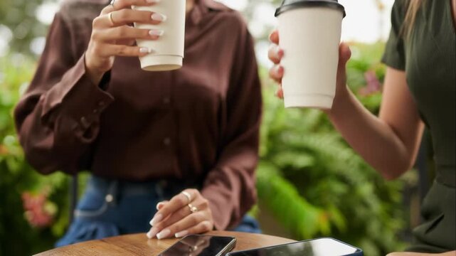 Cropped shot of two anonymous girlfriends drinking coffee from cups and chatting while sitting at table with smartphones in outdoor cafe
