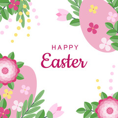 Festive Easter background. Vector illustration. Painted pink Easter eggs, flowers, and the text "Happy Easter" on a white background. Bright banner for sales and discounts. Greeting card.
