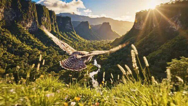 Majestic owl soaring over lush valley and river with soaring sunlight casting shadows and highlights across the landscape
