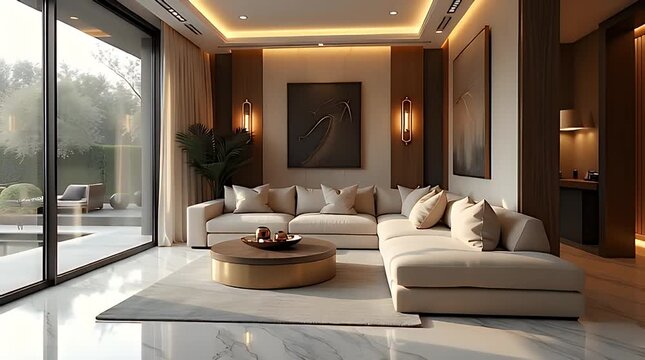 A calm Vastu-compliant living room interior with balanced furniture placement, natural light from the east, indoor plants in corners, earthy neutral colors, clutter-free space, peaceful atmosphere