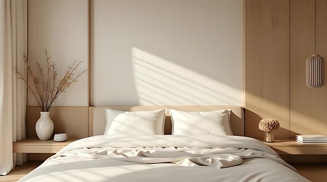 A serene Feng Shui inspired bedroom with symmetrical furniture placement, soft neutral tones, gentle natural lighting, minimal decor, balanced layout, calming and restful atmosphere, modern Asian