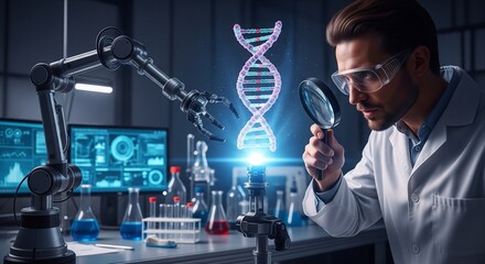 Scientist examines holographic DNA strand in laboratory with robotic arm and computer displays
