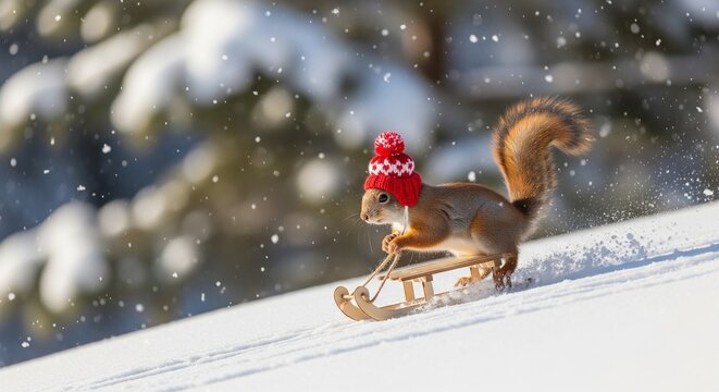 Cute squirrel wearing a red and white hat sledding downhill in a snowy forest