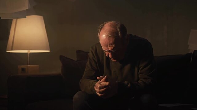 Cinematic UHD 4K video of a middle-aged man sitting alone on a couch in a dimly lit living room at night, anxious expression, holding his head, subtle trembling hands, flickering warm light from a tab