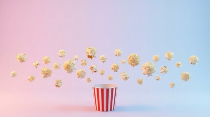 popcorn floating upward like balloons, playful surreal food concept, lighthearted celebration mood, minimal background, copy space