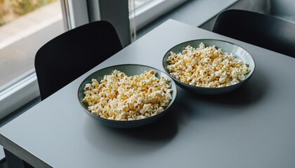 two popcorn bowls visually connected symbolizing shared experience, emotional connection, togetherness, modern lifestyle concept, copy space