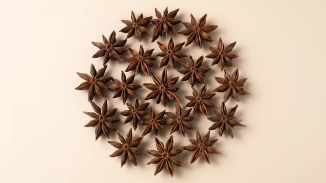 A beautifully arranged circular pattern of star anise pods on a soft beige background, showcasing their unique star shape and rich brown color, ideal for culinary or decorative use
