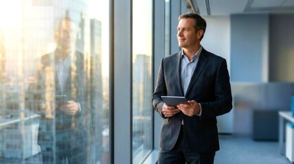 Fototapeta premium Mature businessman with digital tablet looking out of office window