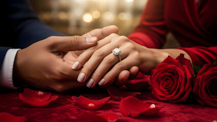 Romantic Engagement Ring Proposal with Red Roses and Couple Holding Hands
