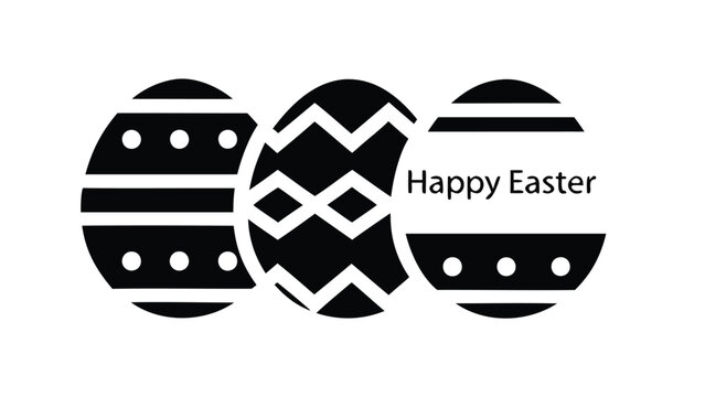 Three black and white easter eggs with happy easter text on a white background for holiday greeting cards - Powered by Adobe