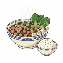 Meatballs noodles in a bowl and white rice