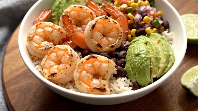 A vibrant bowl of grilled shrimp served on a bed of rice, accompanied by black beans, fresh avocado slices, and a colorful corn salsa, set against a rustic wooden backdrop