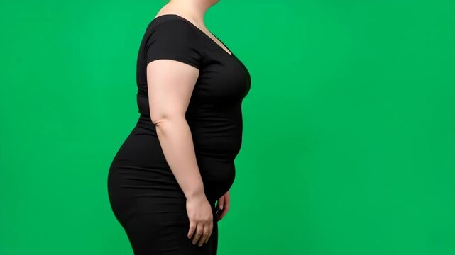 Caucasian woman demonstrates a bloated stomach transforming to a flatter abdomen on a green screen, weight loss footage