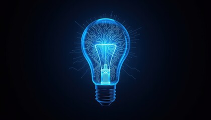 A glowing blue lightbulb with a dark background represents a creative idea, Digital innovation concept with glowing light bulb made of data connections