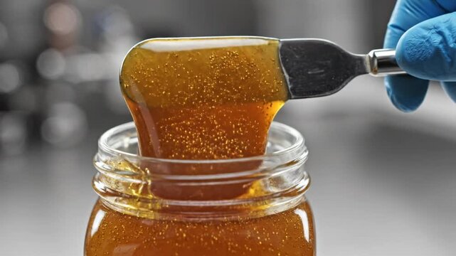 Close-up of a viscous, golden substance scooped from a glass jar with a metal spatula