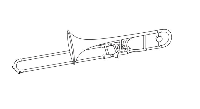 Precise technical line drawing of a musical trombone instrument showing the slide bell and mouthpiece details on white.