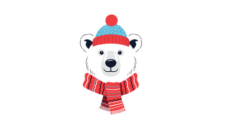 Fototapeta premium Friendly polar bear character wearing a colorful red and blue knitted winter hat with a matching striped scarf for cold weather.