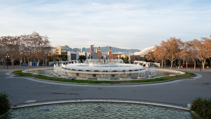 Magic Fountain flowing in Barcelona Montjuic at sunrise
