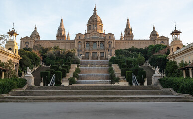 Palau Nacional with cascading fountains in Montjuic Barcelona