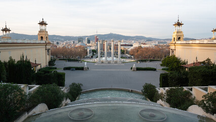 Montjuic Magic Fountain and Four Columns overlooking Barcelona city