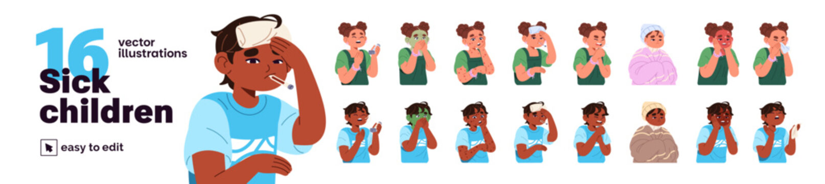 Children are sick set. Kids feel bad and have symptoms of flu, influenza, disease. Ill little boy and girl with cold and fever, cough, ache, pain and vomit. Flat isolated vector illustrations on white