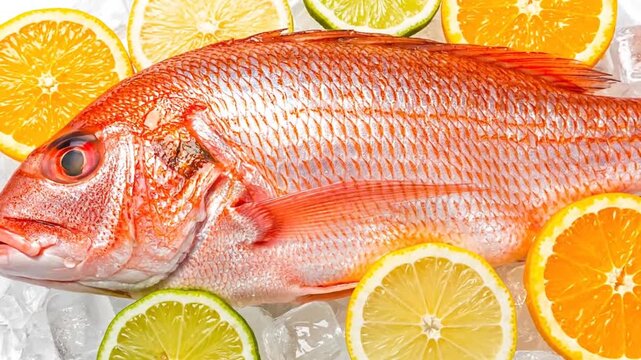 Freshly caught red snapper displayed on ice, surrounded by vibrant citrus slices, showcasing a colorful and appetizing arrangement ideal for culinary presentations or seafood markets