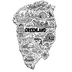Obraz premium Black and white hand-drawn vector doodle illustration in the shape of a Greenland map with Arctic animals and cultural symbols. Clean line art, high contrast, isolated on white. For print, education, 