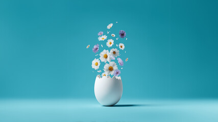 white Easter egg opening upward like a hatch to release floating flowers symbolizing joy and celebration on a solid smooth bright sky turquoise background.