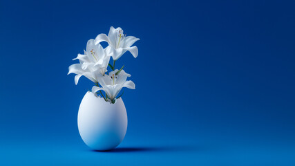white Easter egg with a vertical opening revealing upward growing white lilies as a symbol of spiritual renewal on a solid smooth bright royal blue background.