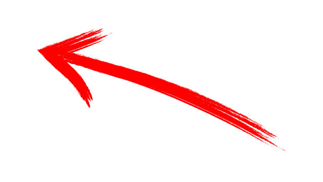 Hand-drawn red arrow mark with brush stroke. Grunge style vector pointing bold arrow sign with grainy paint brush effect. Vector illustration.
