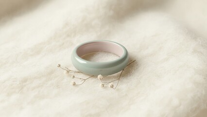 Graceful light green ceramic bracelet with a subtle pink inner rim resting on a soft white