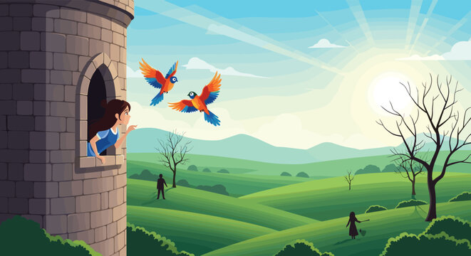 Beautiful princess looking out from a stone tower window at a green landscape with colorful birds during a bright sunrise.
