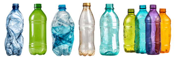 Collection of different old used crumpled plastic bottles, plastic trash. Concept of plastic pollution, plastic recycling. Bottles isolated on a transparent background.