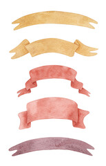 Watercolor Ribbon Banners Set in Warm Earthy Colors. Hand-painted watercolor ribbon banners in warm earthy tones, isolated on white background.