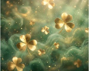 Golden Shamrock Floating in Magical Green Background