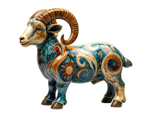 Fototapeta premium Hand painted ceramic goat zodiac ornament with subtle texture, isolate on white background.