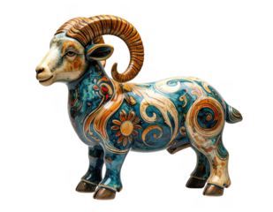 Hand painted ceramic goat zodiac ornament with subtle texture, isolate on white background.
