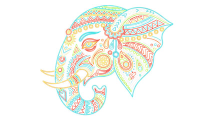 Ornate neon elephant head with intricate paisley and tribal patterns on a dark backdrop isolated on transparent background