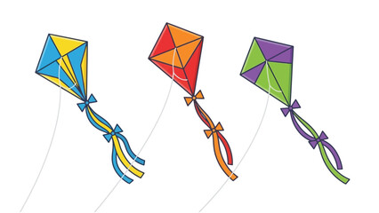 Three colorful cartoon kites flying with bows and tails, isolated on a white background, representing fun and leisure activities.