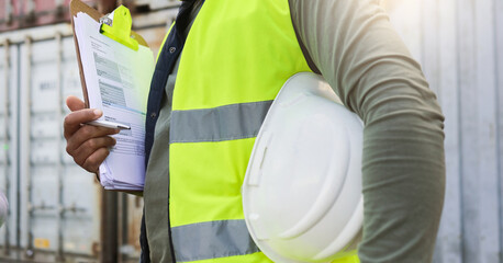 Industrial Worker Holding Clipboard and Safety Helmet