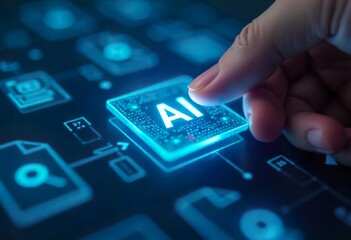 Generative artificial intelligence producing text files and academic papers. Man tapping AI icon on a circuit board.