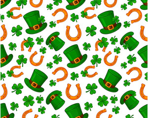 St Patrick’s Day Seamless Pattern with Leprechaun Hat and Clover 