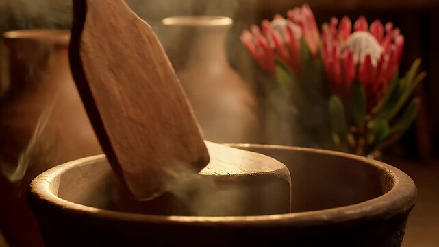 Traditional preparation in a steaming wooden mortar with protea flowers