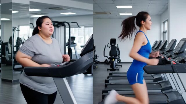 Womans body transformation in a gym, losing weight and running on a treadmill for fitness and healthy lifestyle footage