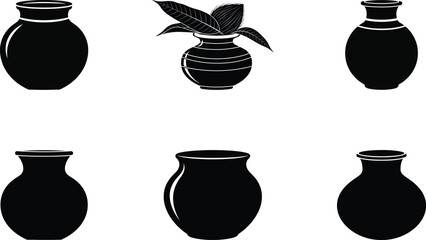 water pot, earthen pot, kalash silhouette on white background