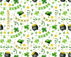 Watercolor St Patrick&rsquo;s Day Seamless Pattern with Clover and Gold Coins 